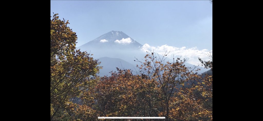 木々の向こうに見える富士山と山腹にかかる雲